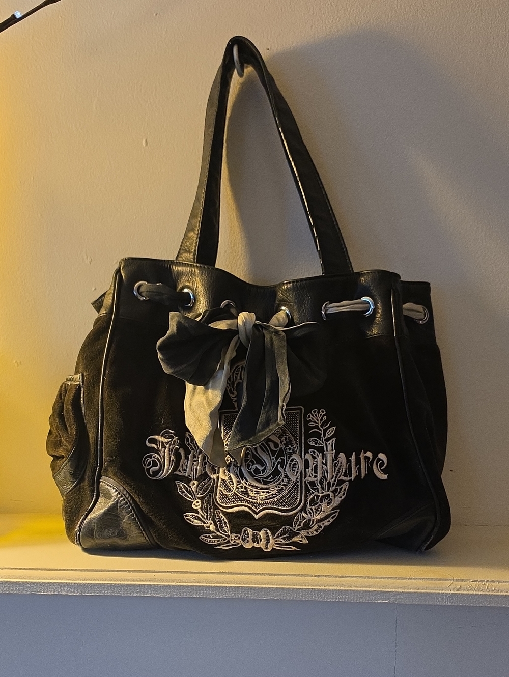Juicy Couture Black Tote with White Embroidered Crest and Tied Scarf